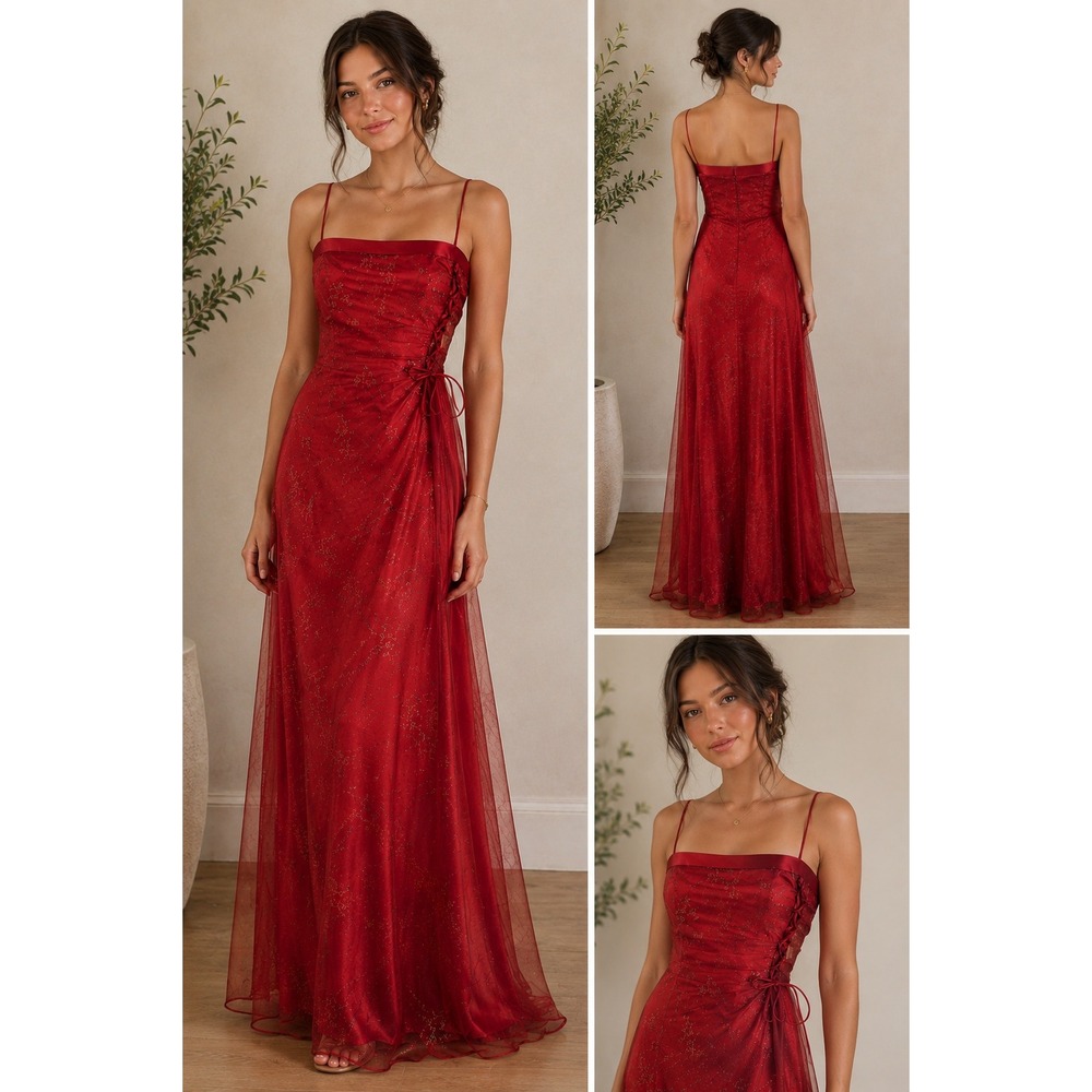 Zum Zum Formal Gown 6 Burgundy Red Glitter Floral Lace Up Side Slit Maxi Y2K